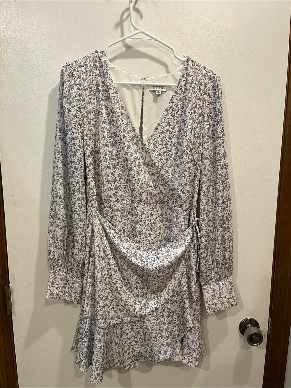Barneys New York Long Sleeve Floral Wrap Dress in Cream and Navy